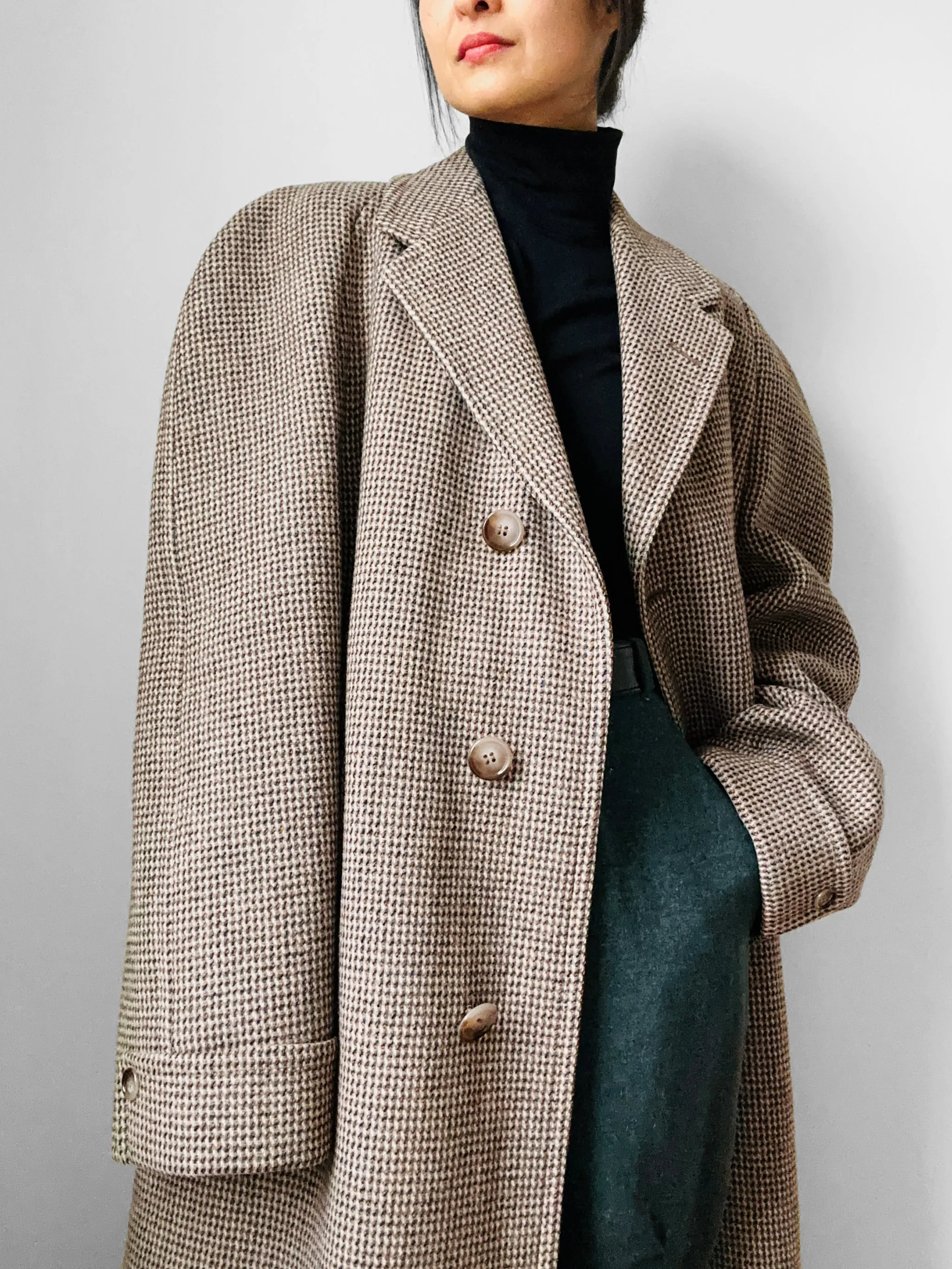 1950s - 1960s Beige Blue Wool Tweed Plaid Lined Overcoat - XL