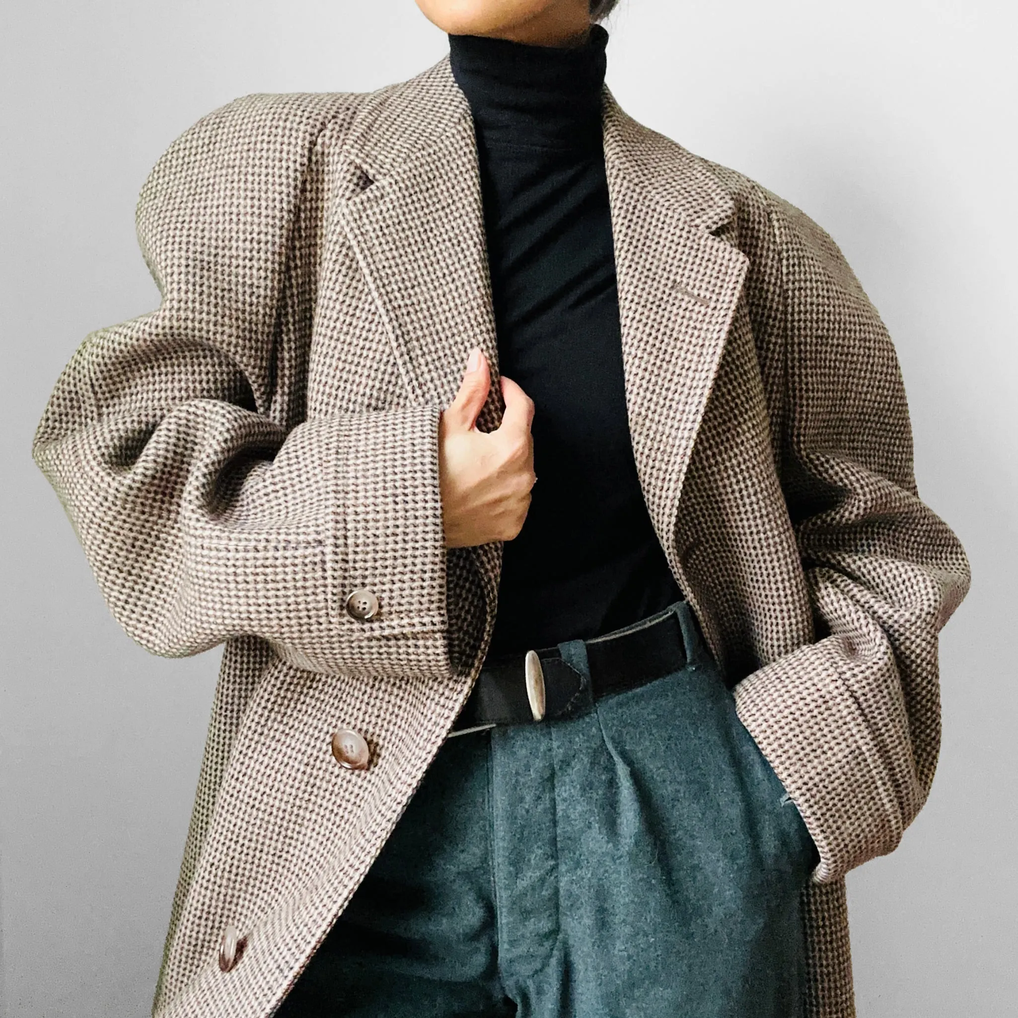 1950s - 1960s Beige Blue Wool Tweed Plaid Lined Overcoat - XL
