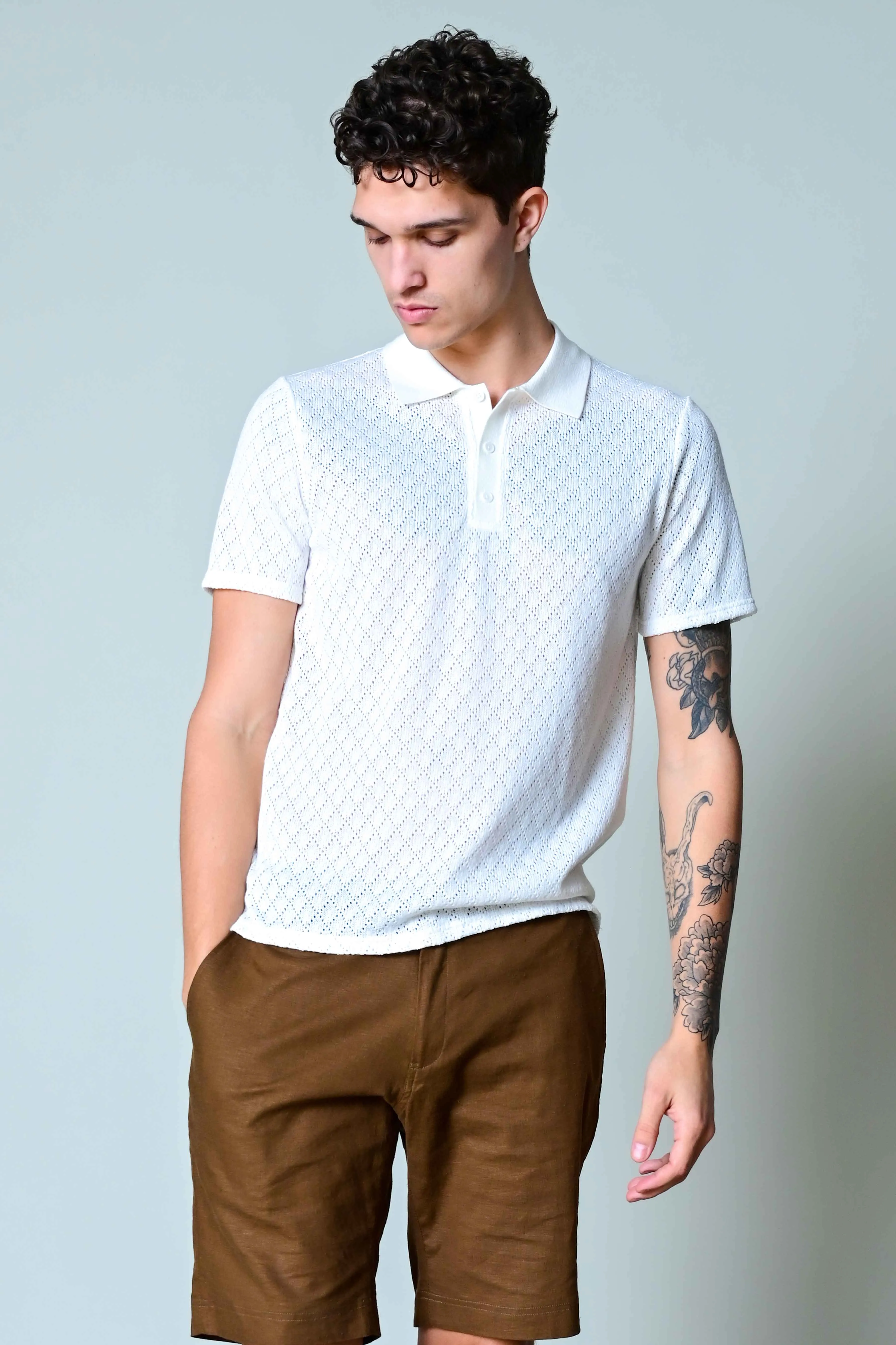 3 Button Knitted Polo - White Diamond