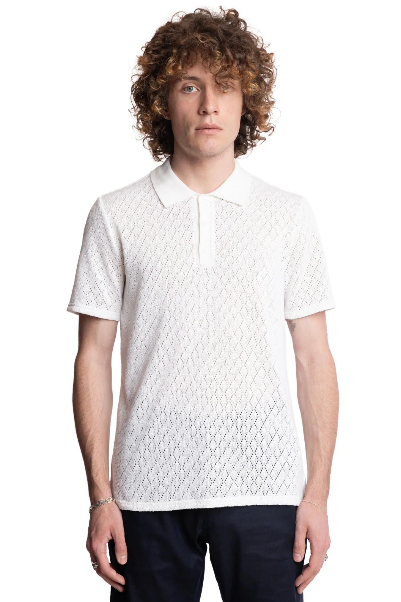 3 Button Knitted Polo - White Diamond