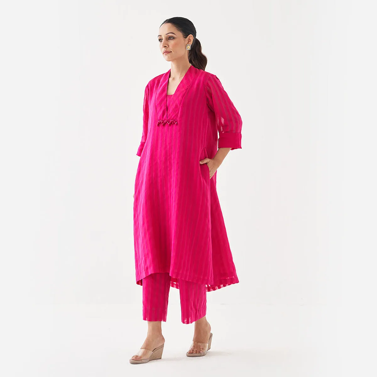 Chanderi Silk Kurta Set with Scarf | Rani Pink | Embellished