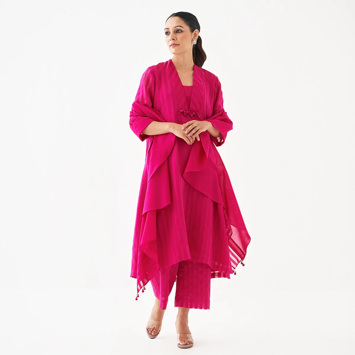 Chanderi Silk Kurta Set with Scarf | Rani Pink | Embellished