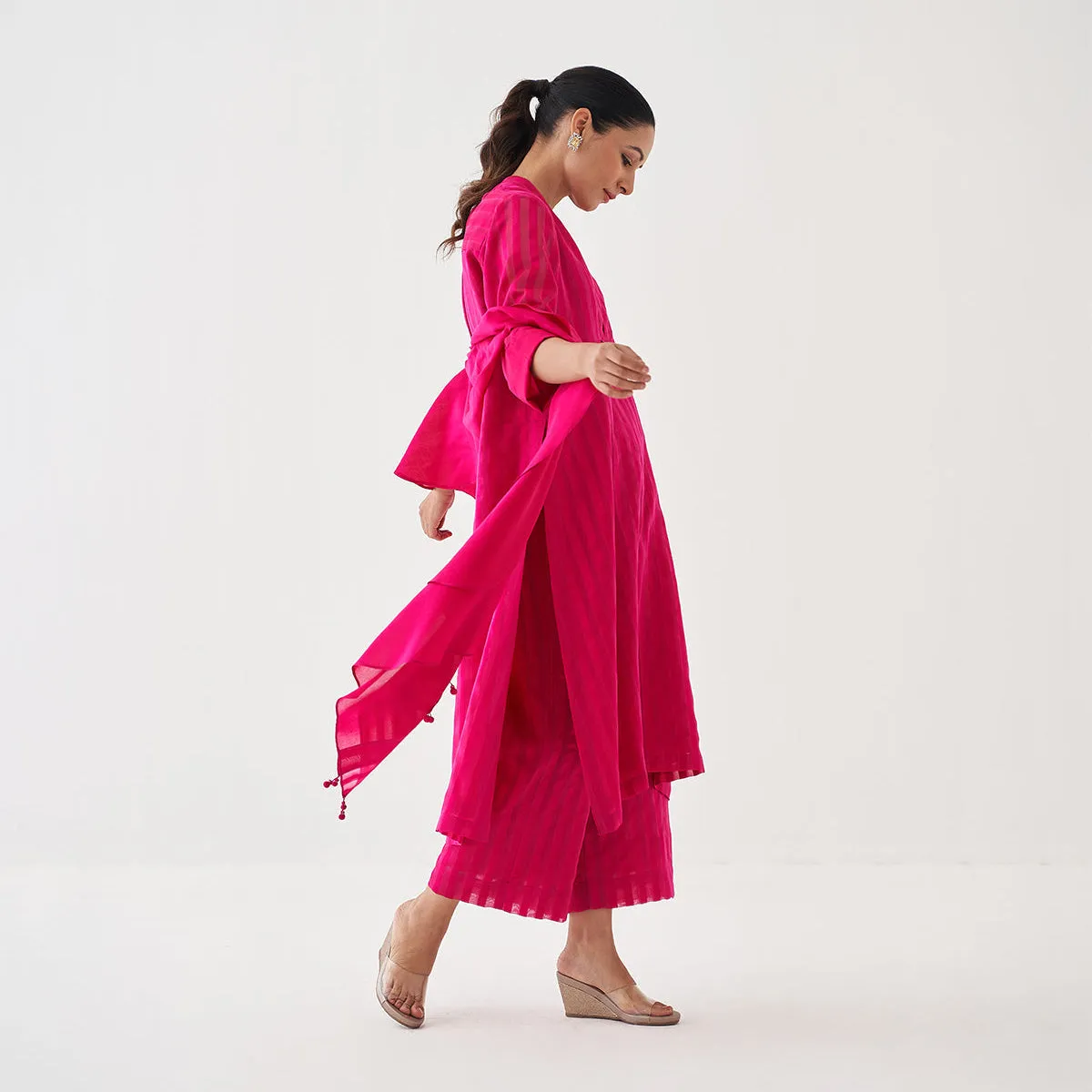 Chanderi Silk Kurta Set with Scarf | Rani Pink | Embellished
