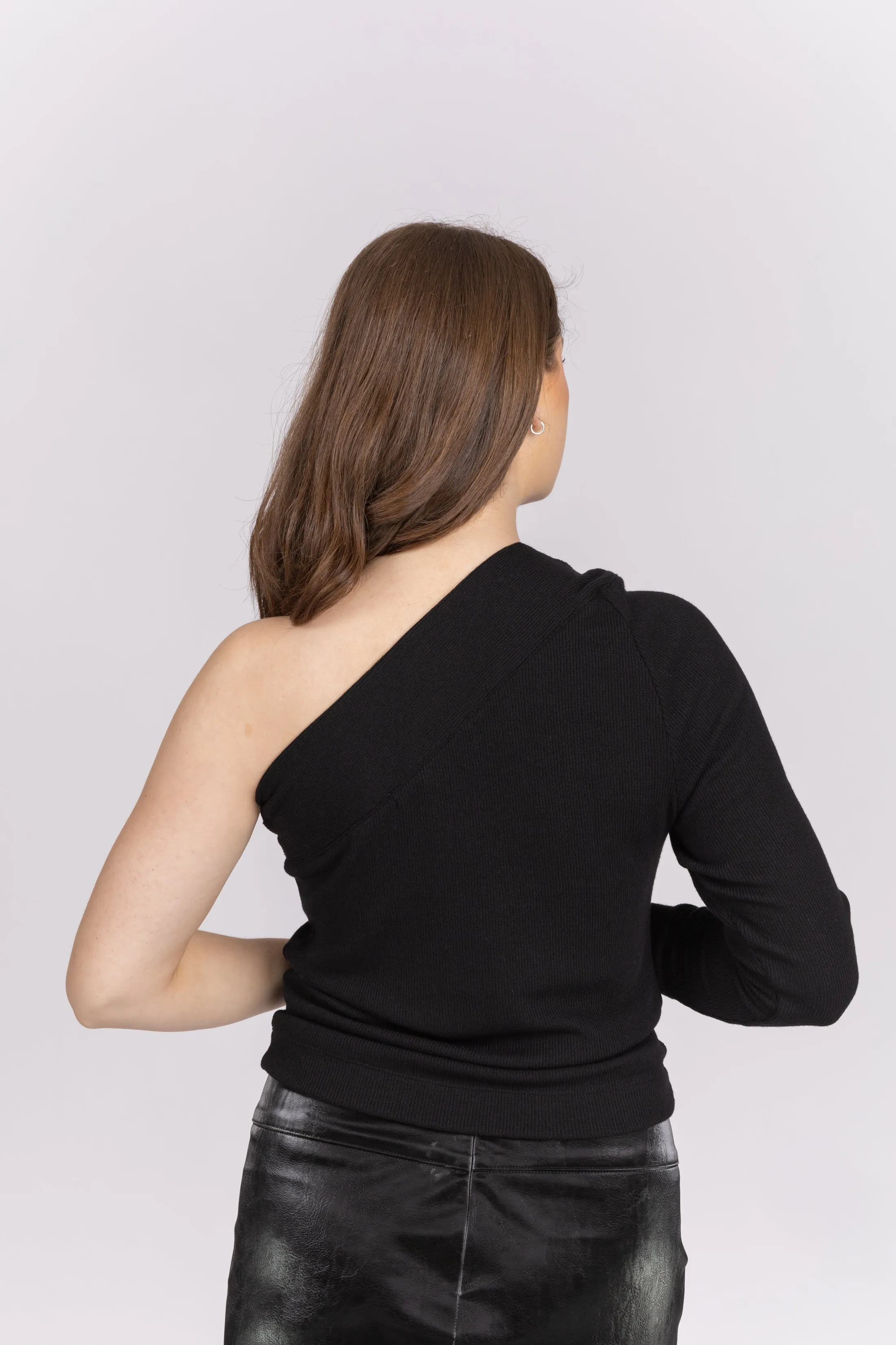 Enza Costa One Shoulder Rib Knit Top in Black