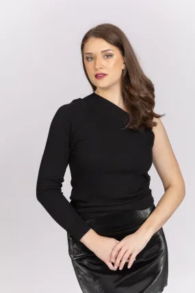 Enza Costa One Shoulder Rib Knit Top in Black