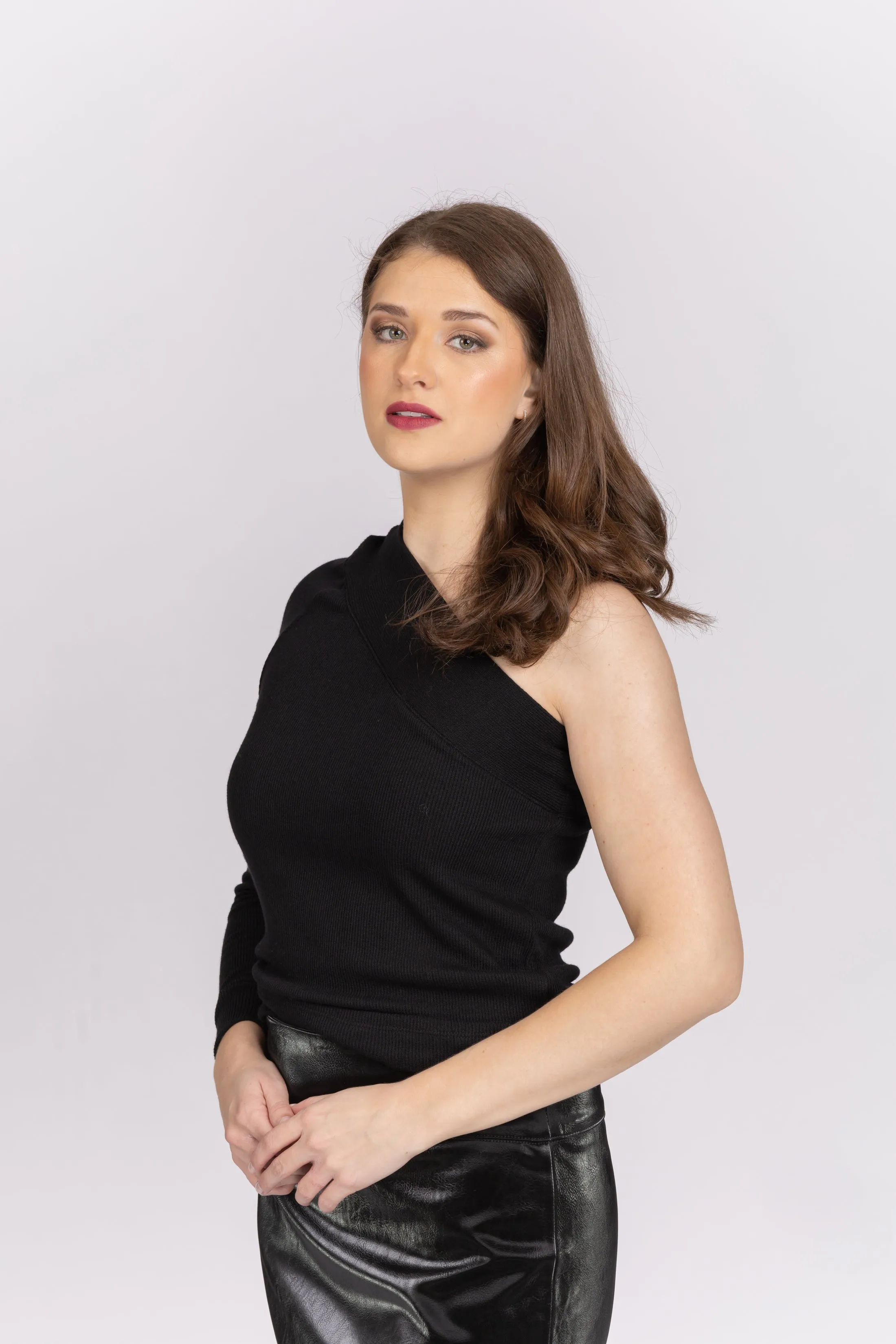 Enza Costa One Shoulder Rib Knit Top in Black