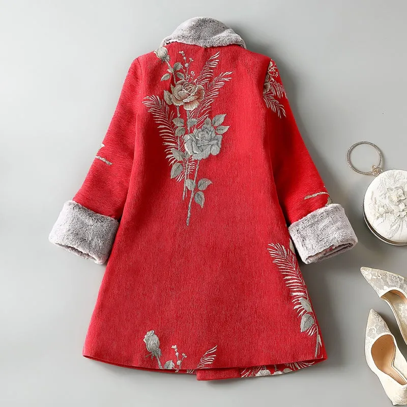 Floral Fancy Cotton Chinese Style Wind Coat with Fur Scarf & Cuff