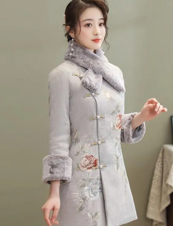 Floral Fancy Cotton Chinese Style Wind Coat with Fur Scarf & Cuff
