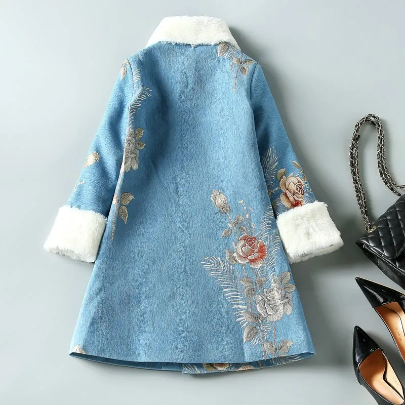 Floral Fancy Cotton Chinese Style Wind Coat with Fur Scarf & Cuff