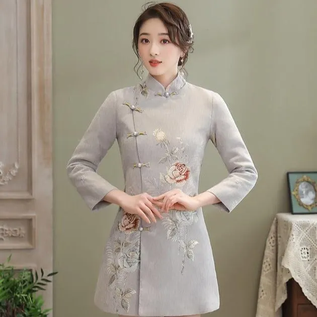 Floral Fancy Cotton Chinese Style Wind Coat with Fur Scarf & Cuff