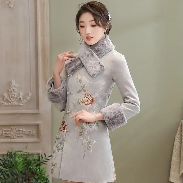 Floral Fancy Cotton Chinese Style Wind Coat with Fur Scarf & Cuff