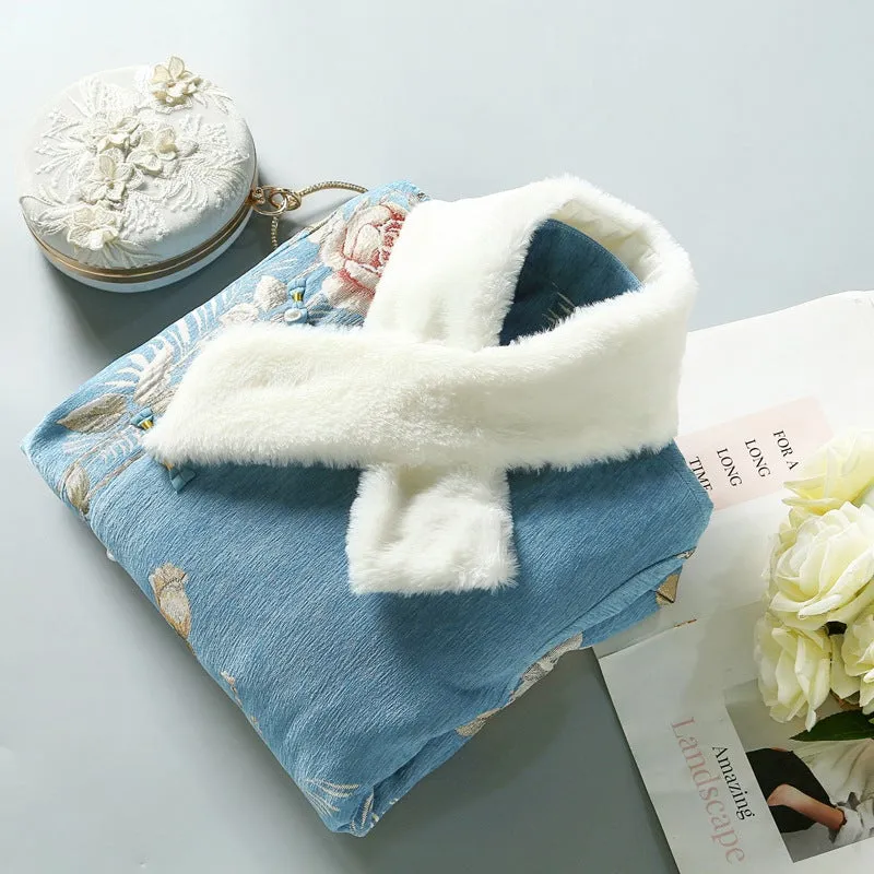 Floral Fancy Cotton Chinese Style Wind Coat with Fur Scarf & Cuff