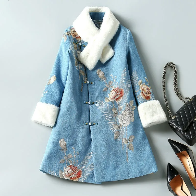 Floral Fancy Cotton Chinese Style Wind Coat with Fur Scarf & Cuff