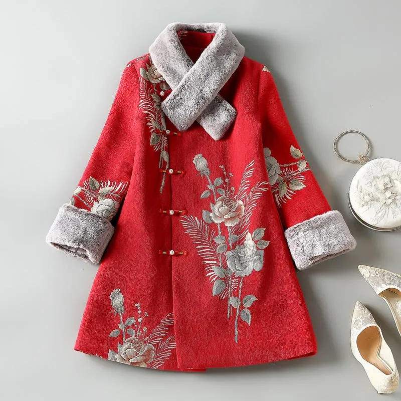 Floral Fancy Cotton Chinese Style Wind Coat with Fur Scarf & Cuff