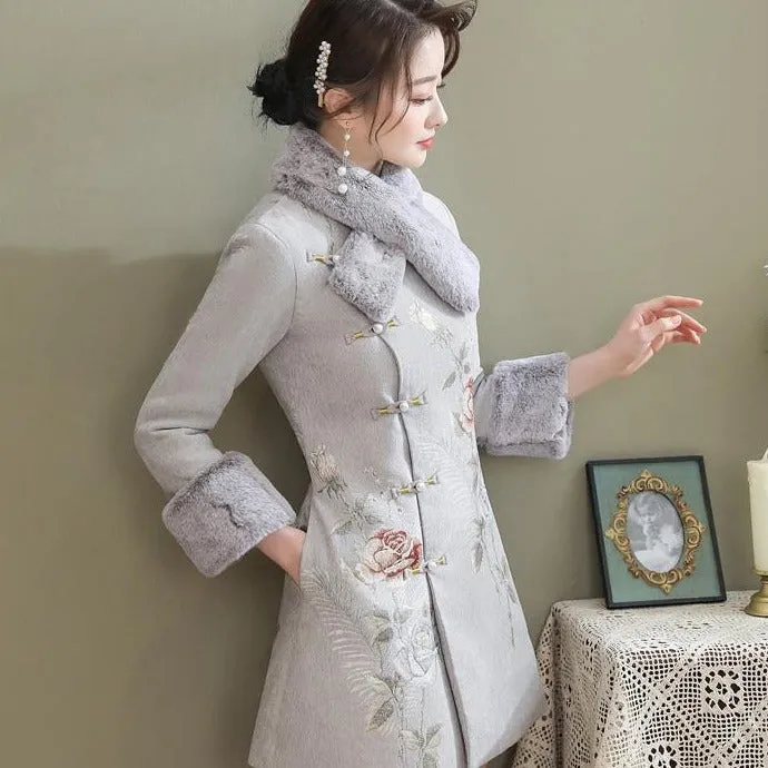 Floral Fancy Cotton Chinese Style Wind Coat with Fur Scarf & Cuff