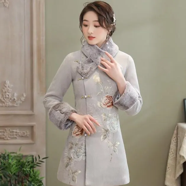 Floral Fancy Cotton Chinese Style Wind Coat with Fur Scarf & Cuff