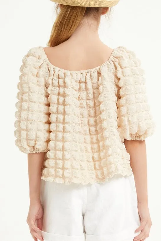 Good Girl Tween Embossed Bubble Texture Balloon Sleeve Top