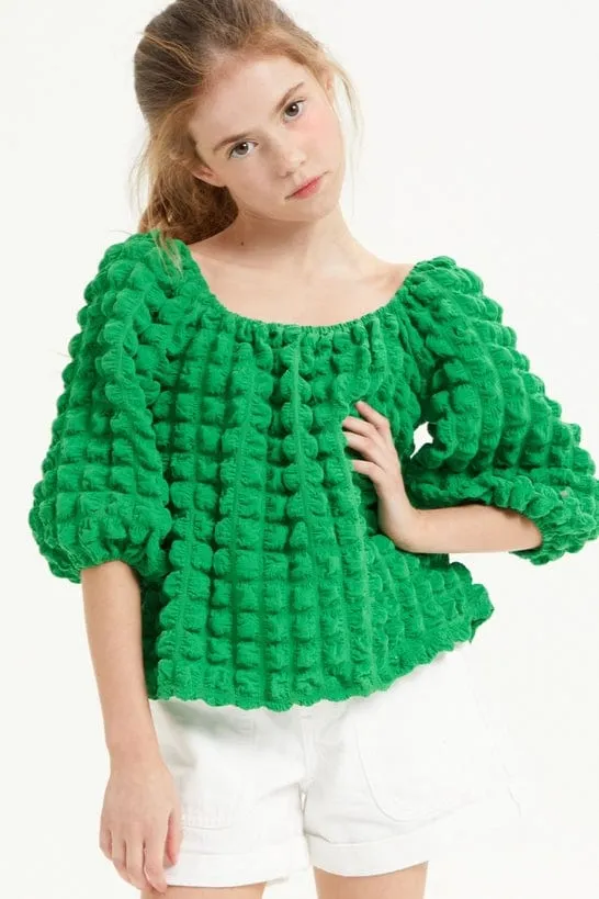 Good Girl Tween Embossed Bubble Texture Balloon Sleeve Top