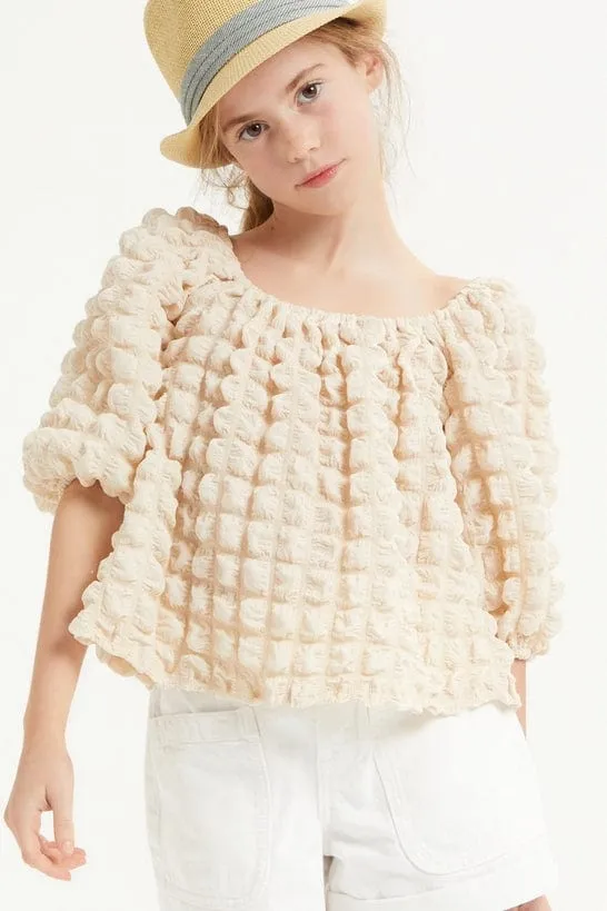 Good Girl Tween Embossed Bubble Texture Balloon Sleeve Top