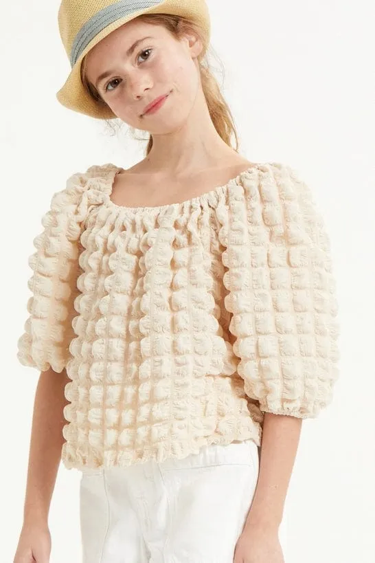 Good Girl Tween Embossed Bubble Texture Balloon Sleeve Top
