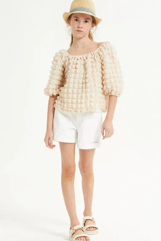 Good Girl Tween Embossed Bubble Texture Balloon Sleeve Top