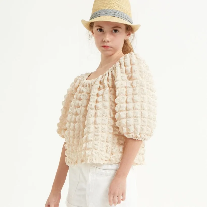 Good Girl Tween Embossed Bubble Texture Balloon Sleeve Top