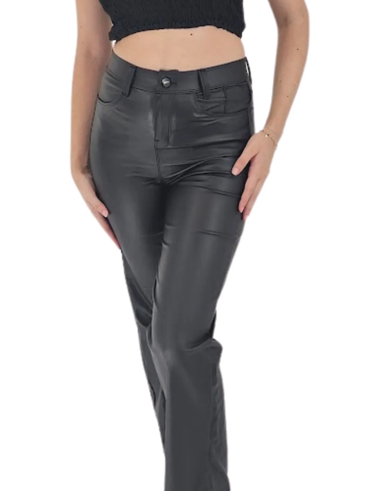 High Waisted Leather-Like Flare Pants