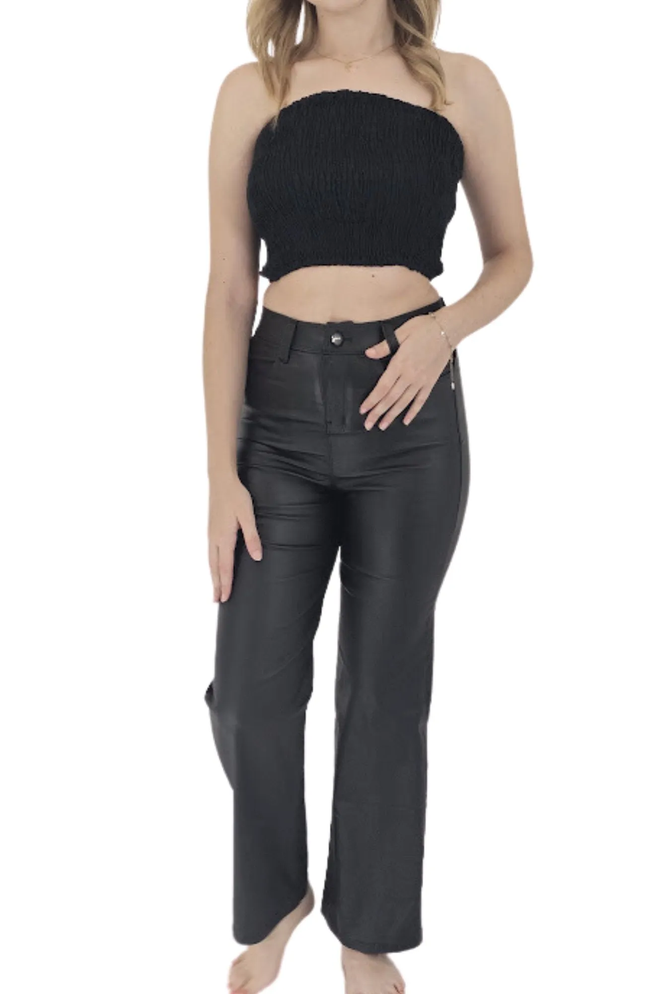 High Waisted Leather-Like Flare Pants