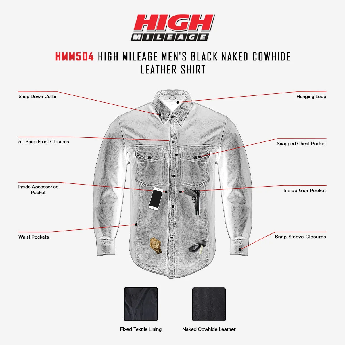 HMM504 Vance Leather High Mileage Men's Black Naked Cowhide Leather Shirt
