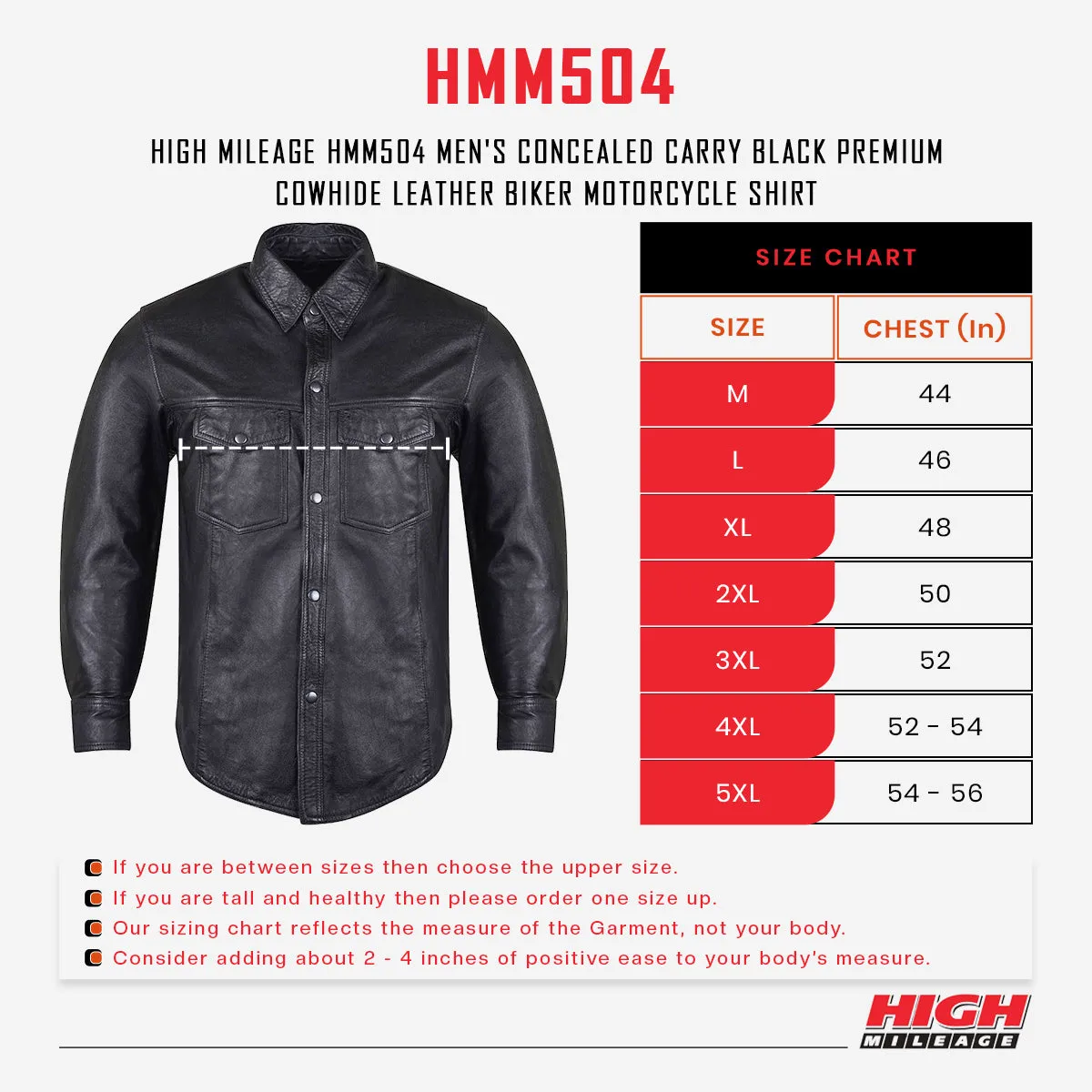 HMM504 Vance Leather High Mileage Men's Black Naked Cowhide Leather Shirt