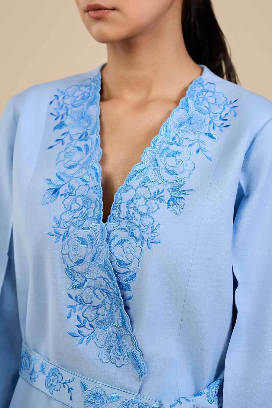 Ice Blue Rose Embroidered Blazer & Pant Co-Ord Set