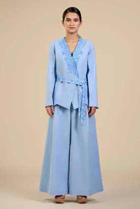 Ice Blue Rose Embroidered Blazer & Pant Co-Ord Set