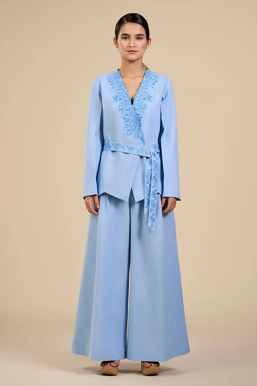 Ice Blue Rose Embroidered Blazer & Pant Co-Ord Set