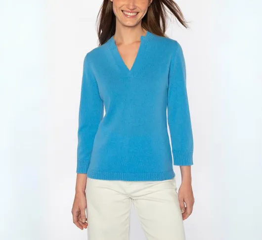 Kinross Cashmere - Split Neck Crewneck in Azul