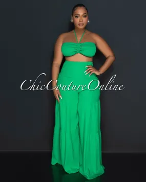 Lula Green Halter Smocked Crop Top & Linen Wide Pants Set