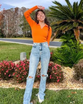 MEROKEETY V Neck Long Sleeve Fitted Ribbed Knit Top