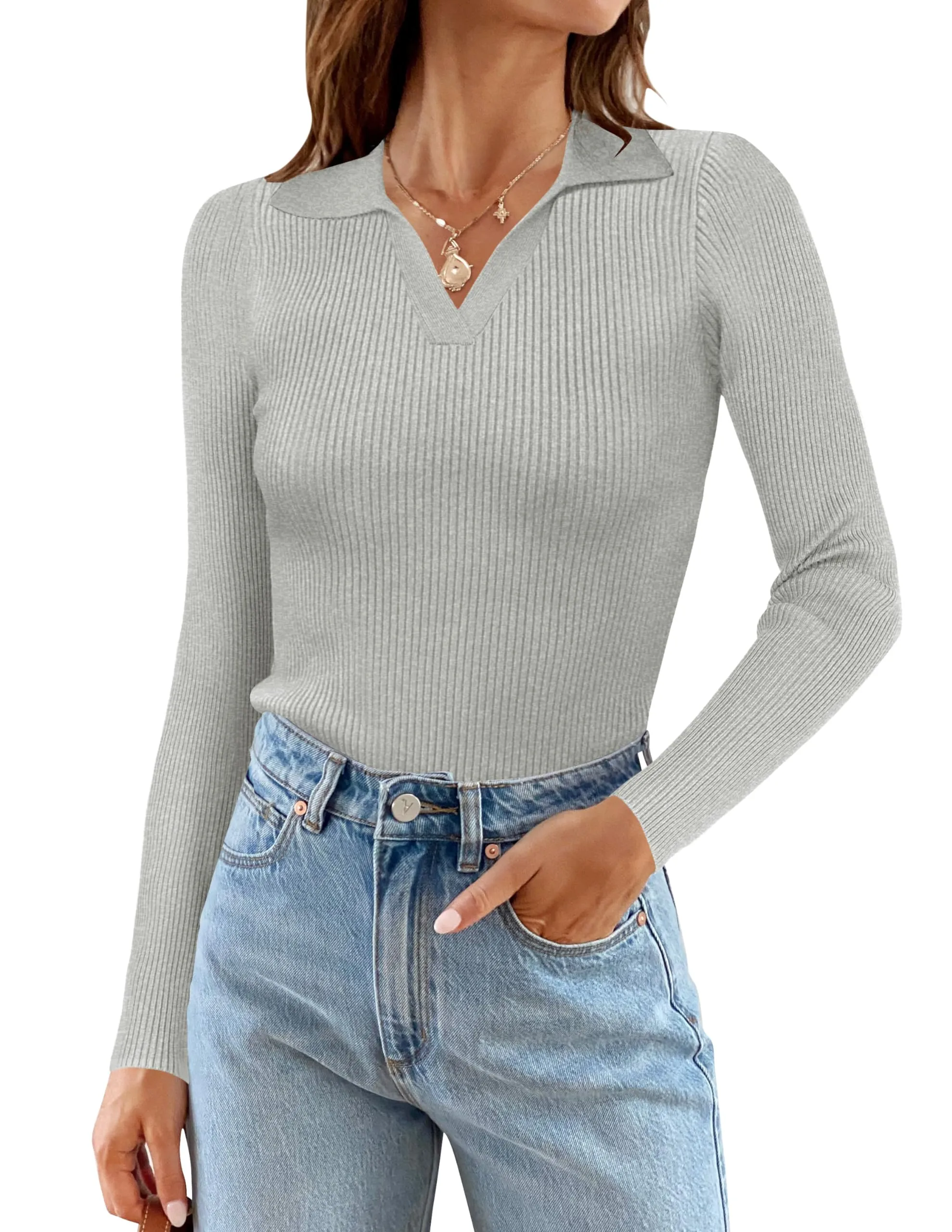 MEROKEETY V Neck Long Sleeve Fitted Ribbed Knit Top