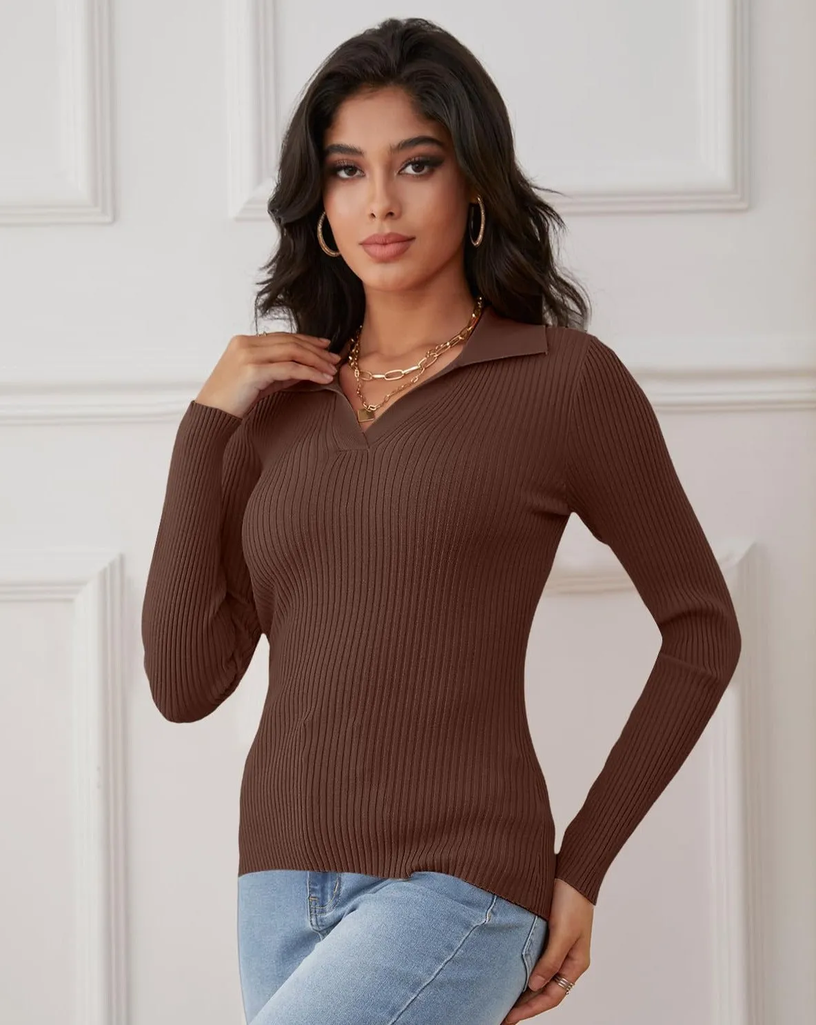 MEROKEETY V Neck Long Sleeve Fitted Ribbed Knit Top