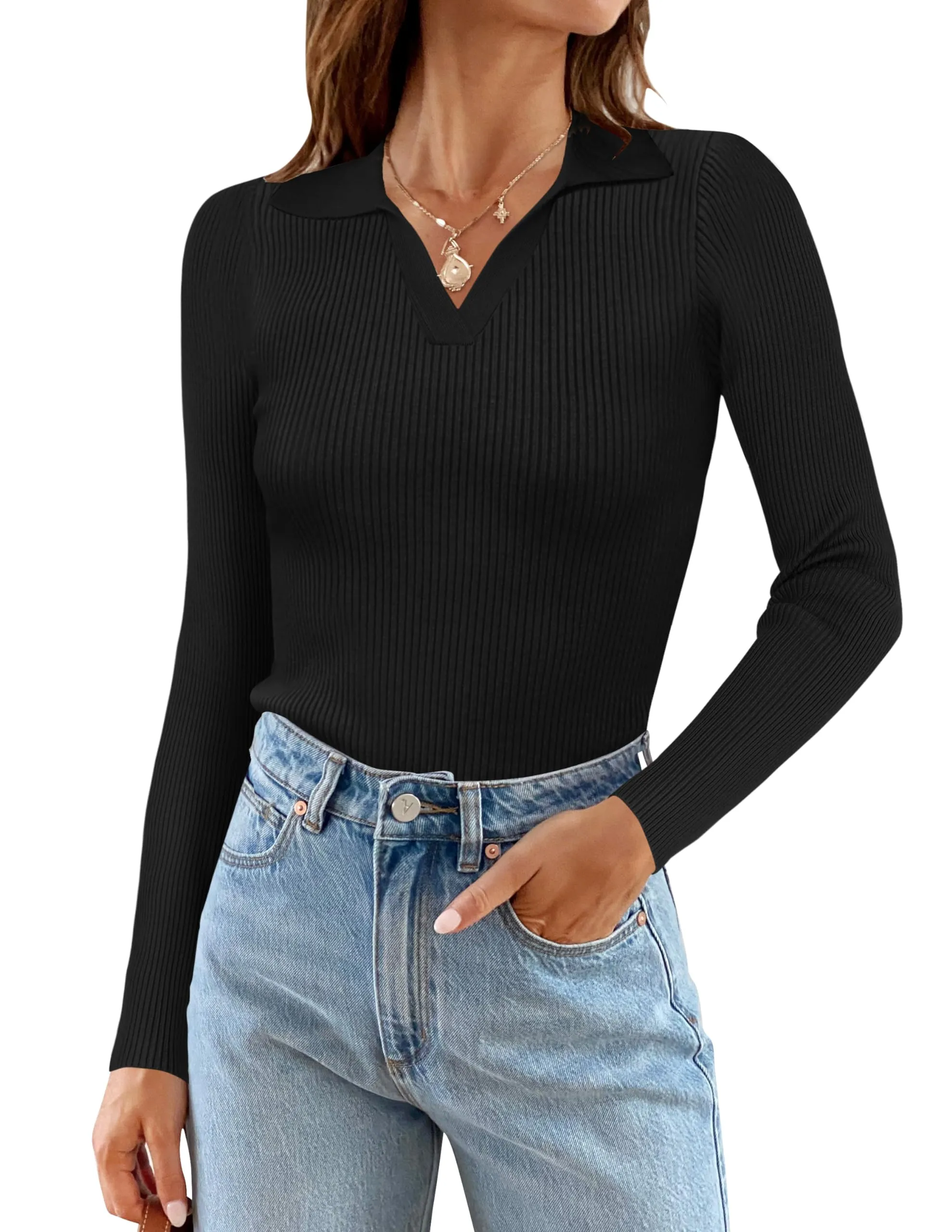 MEROKEETY V Neck Long Sleeve Fitted Ribbed Knit Top