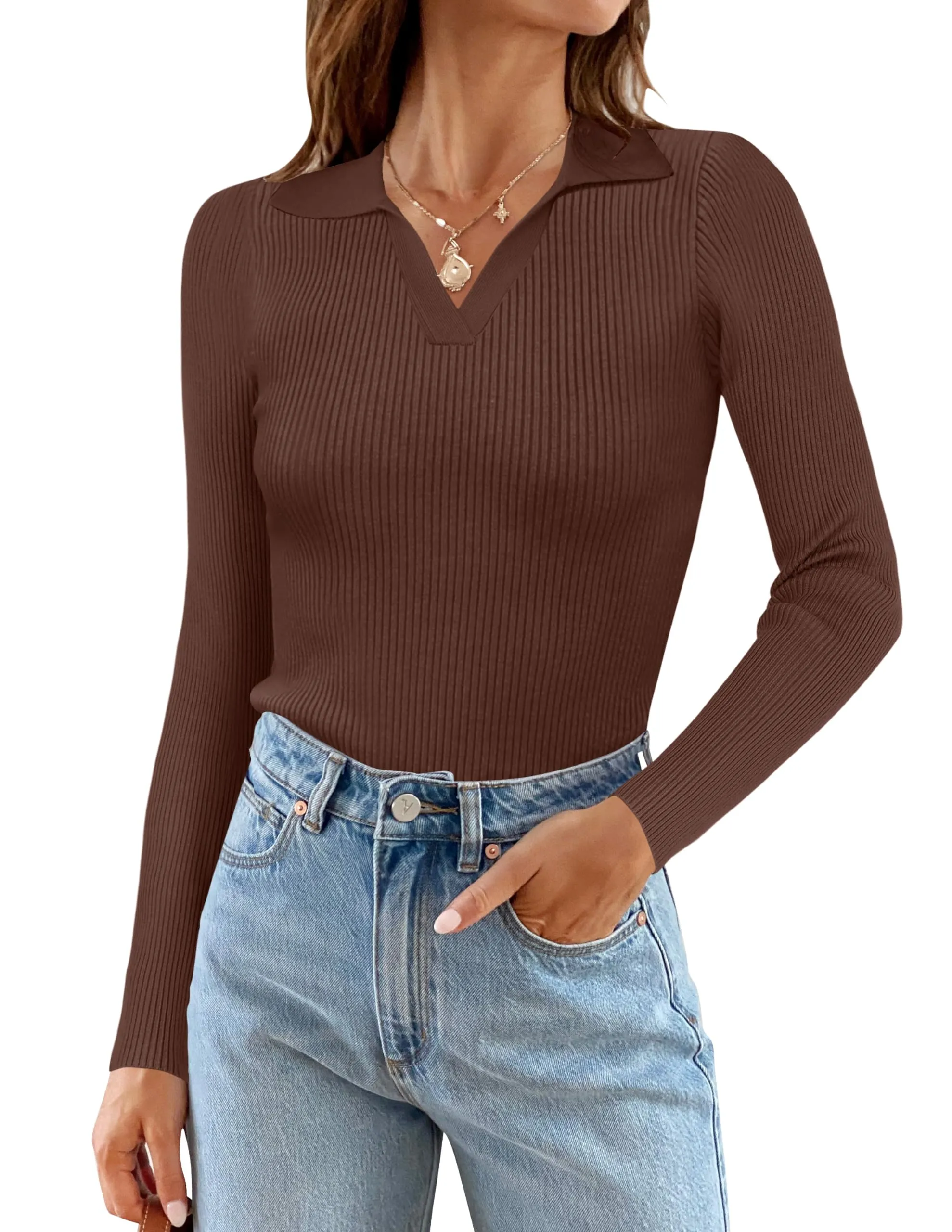 MEROKEETY V Neck Long Sleeve Fitted Ribbed Knit Top