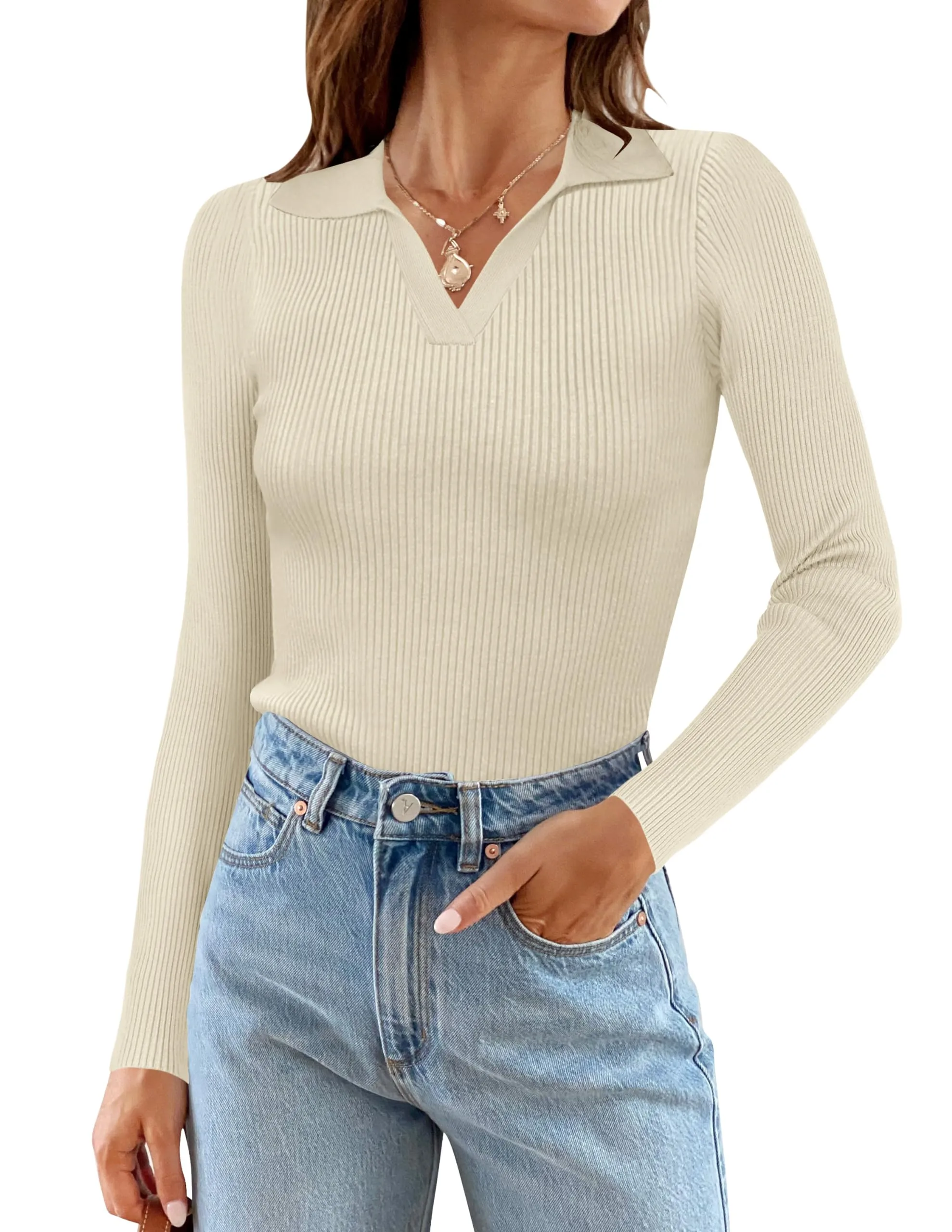 MEROKEETY V Neck Long Sleeve Fitted Ribbed Knit Top