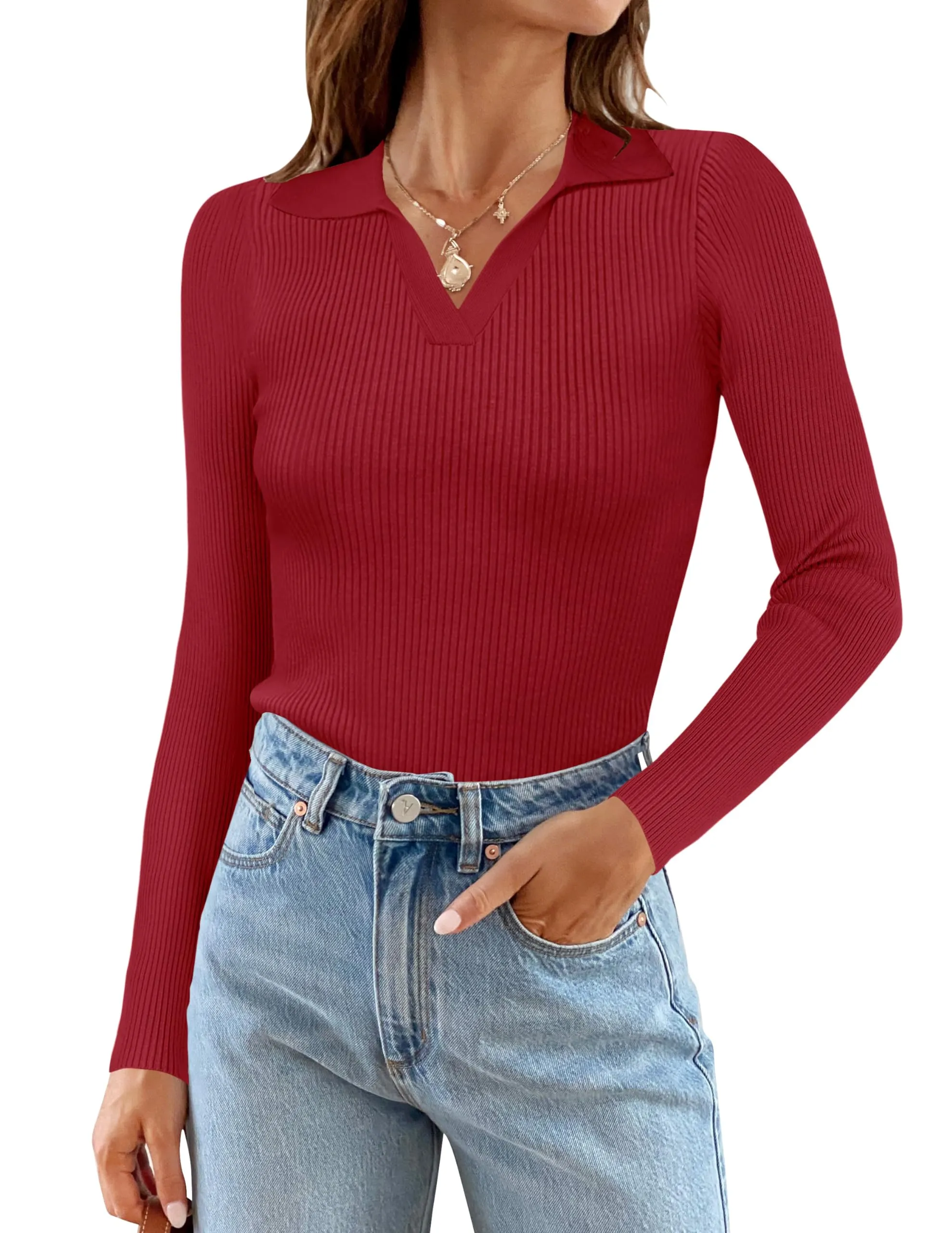 MEROKEETY V Neck Long Sleeve Fitted Ribbed Knit Top