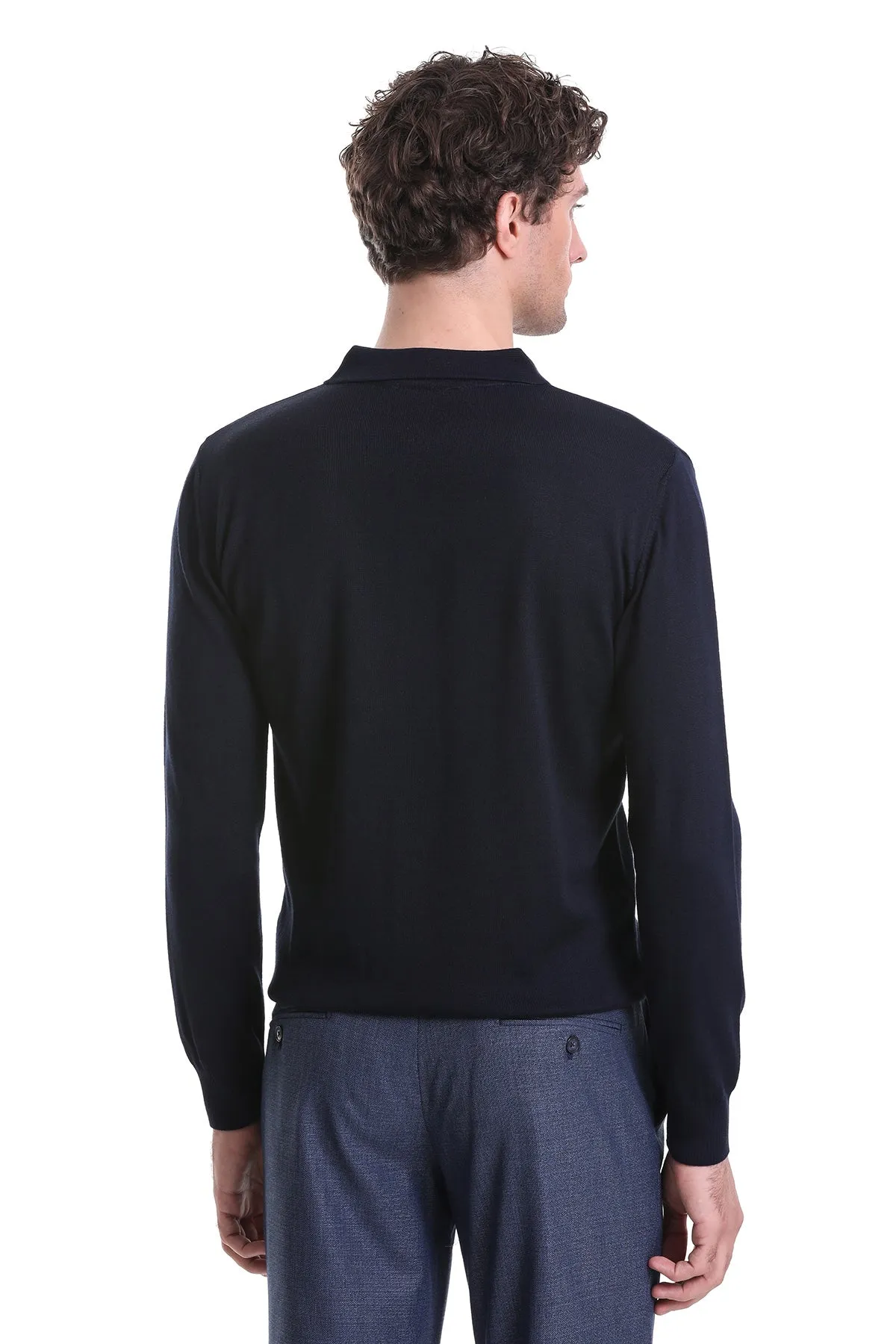 Regular Fit Wool Blend Navy Polo Sweater