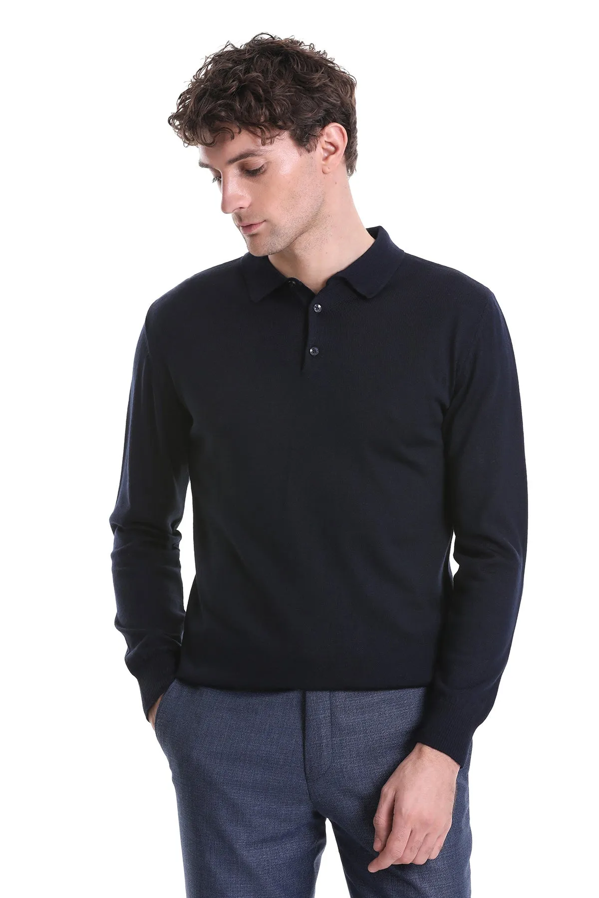 Regular Fit Wool Blend Navy Polo Sweater
