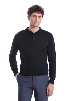 Regular Fit Wool Blend Navy Polo Sweater