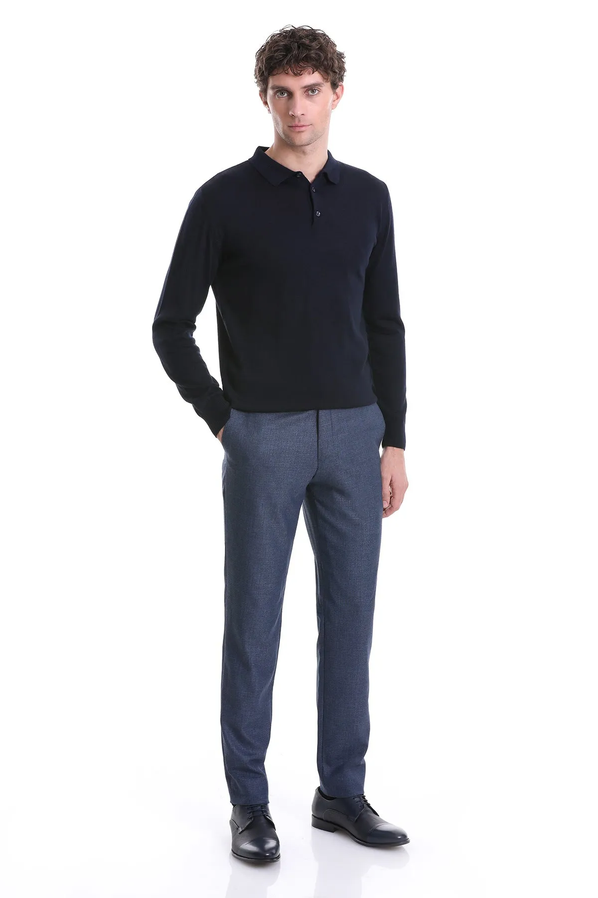 Regular Fit Wool Blend Navy Polo Sweater