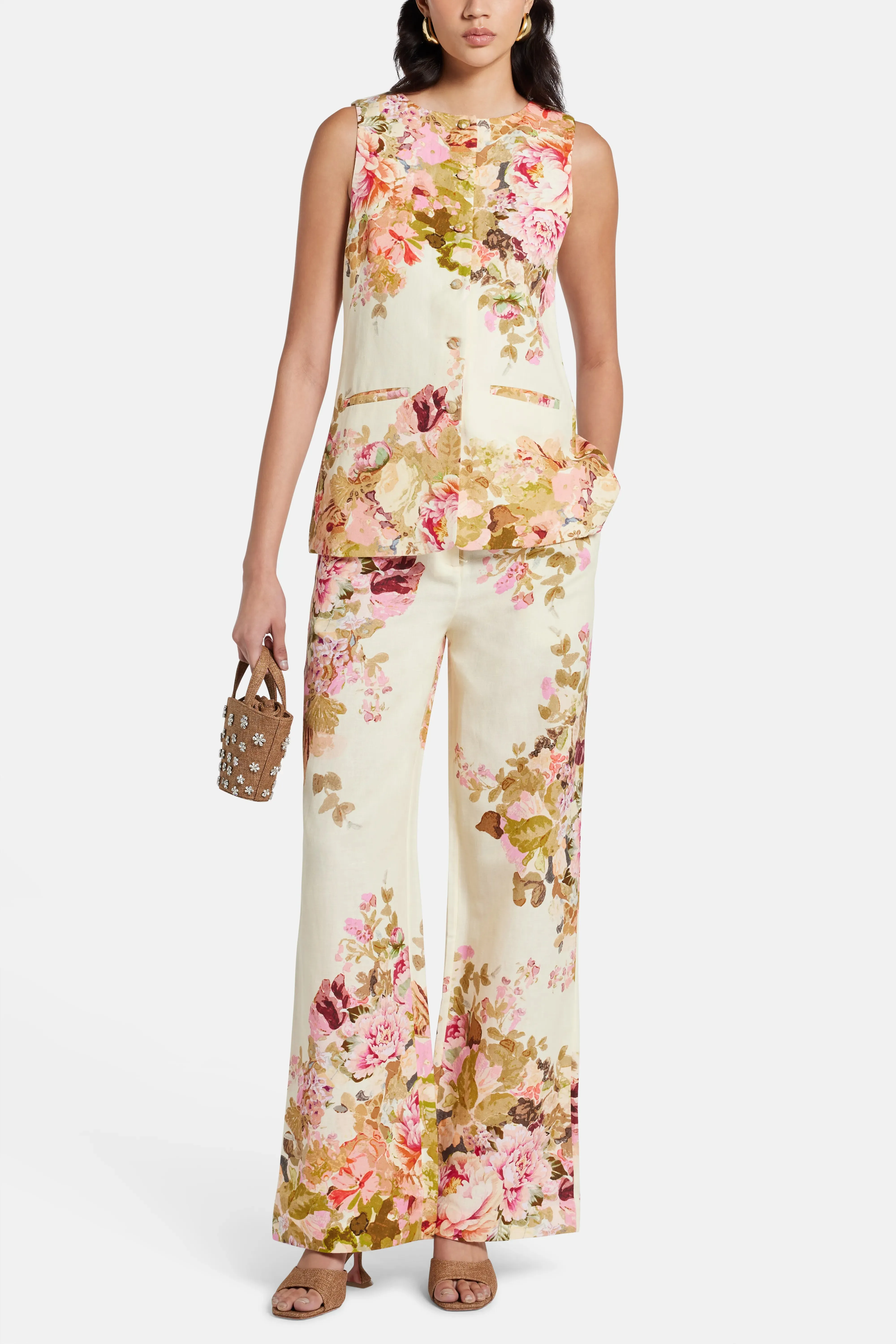 Sama Floral Cotton Flared Pants in Ivory