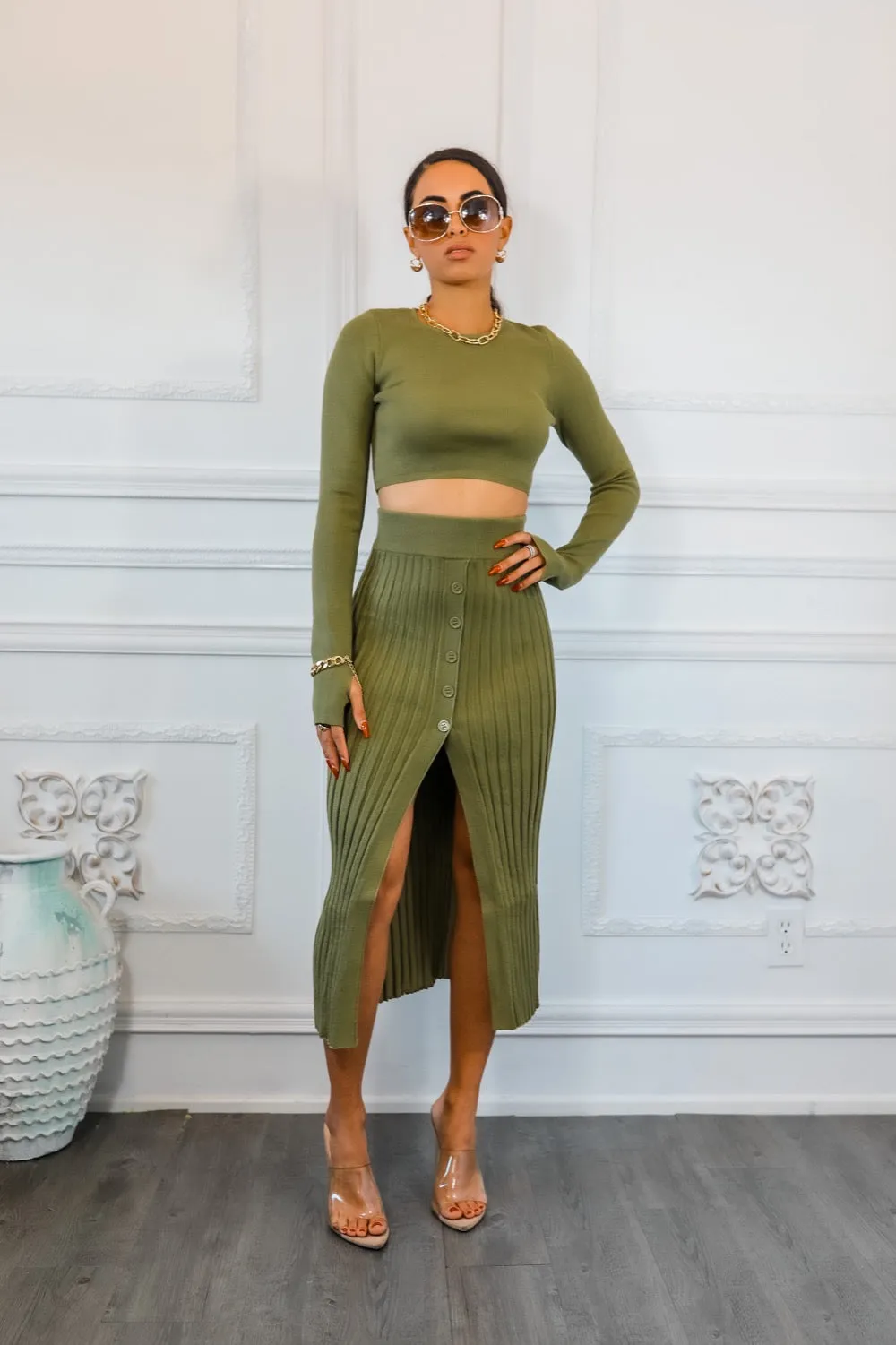 Sexy Pleated Slit Detailed Sweater Skirt with Long Sleeve Crop Top Set
