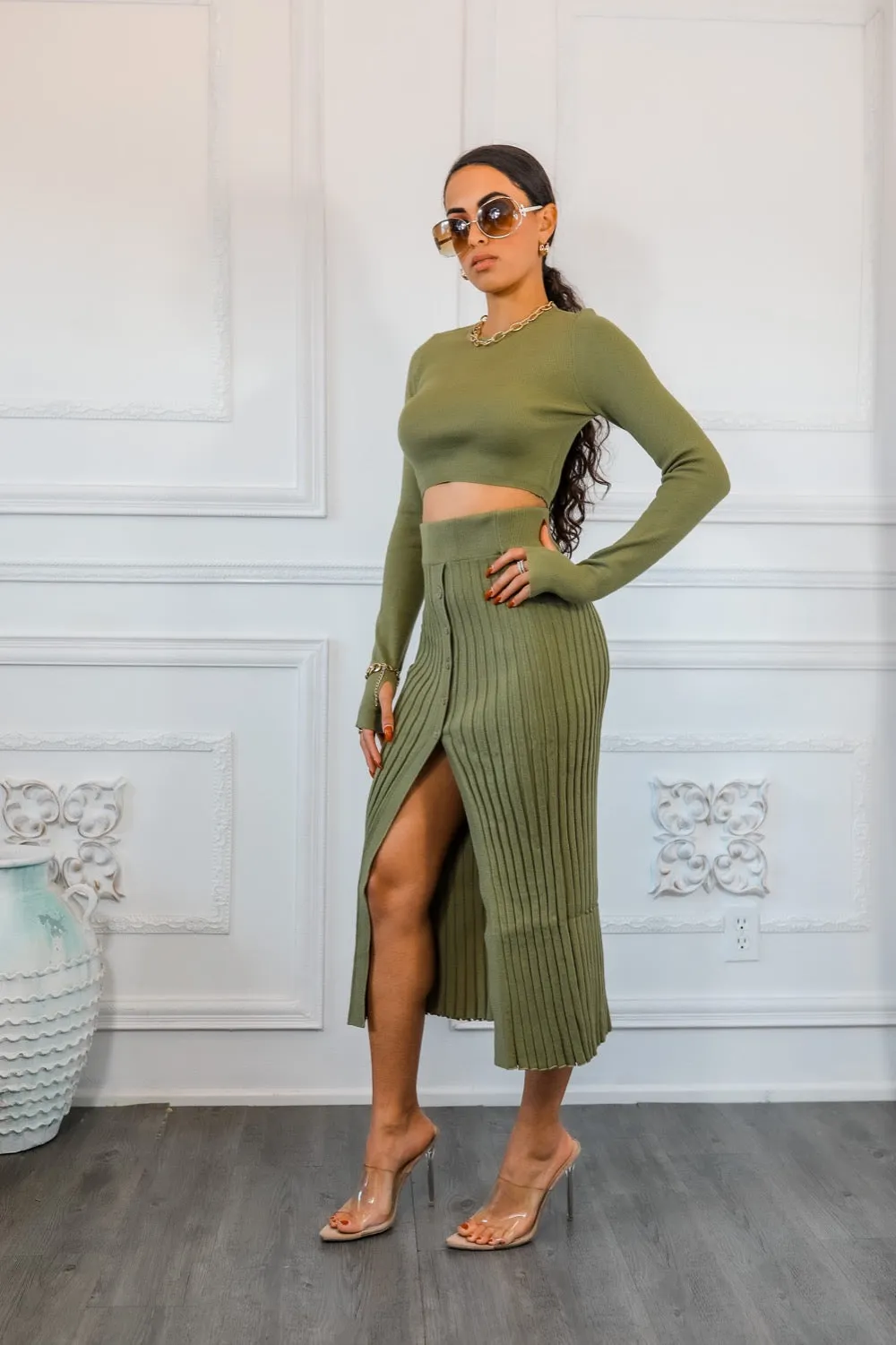Sexy Pleated Slit Detailed Sweater Skirt with Long Sleeve Crop Top Set