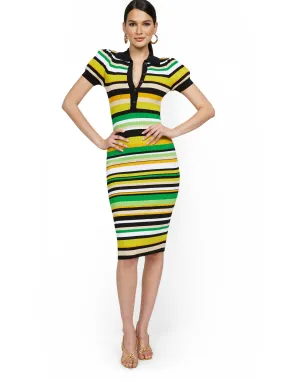Stripe Puff-Sleeve Polo Midi Sweater Dress